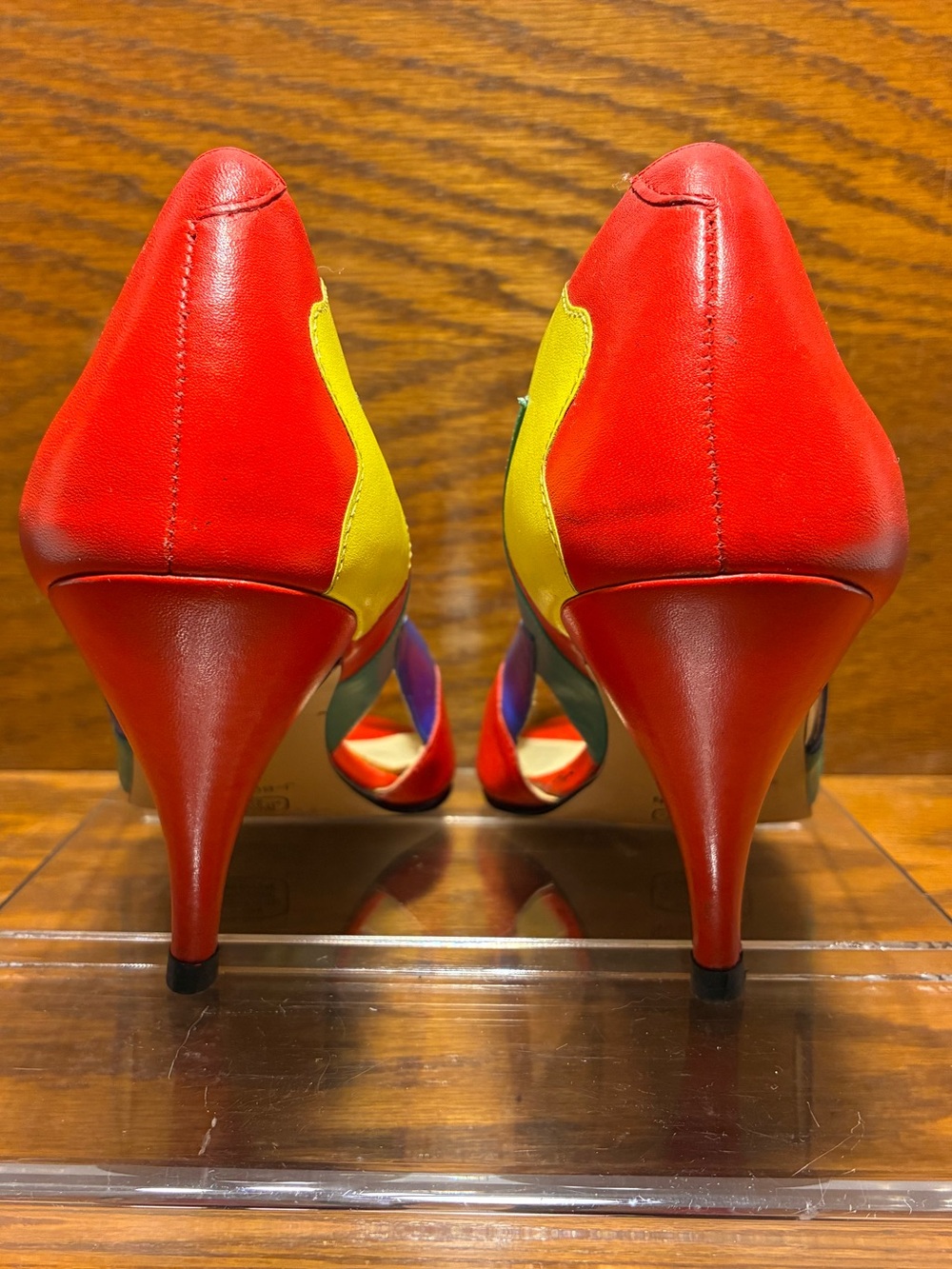 Vintage 80s 90s Calico Colorblock Leather Peep Toe Heels Size 10 - Picture 5 of 16